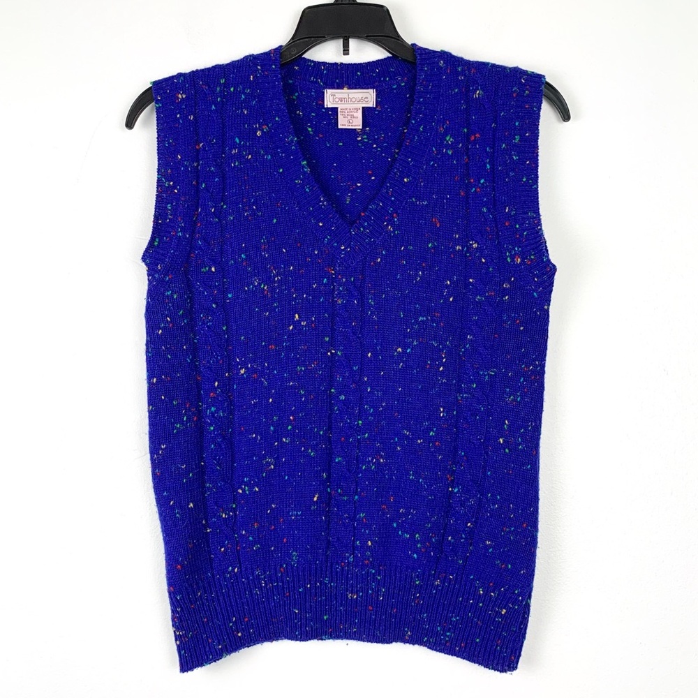 Vintage sweater vest by Townhouse cable knit v-neck blue with rainbow flecks, xs